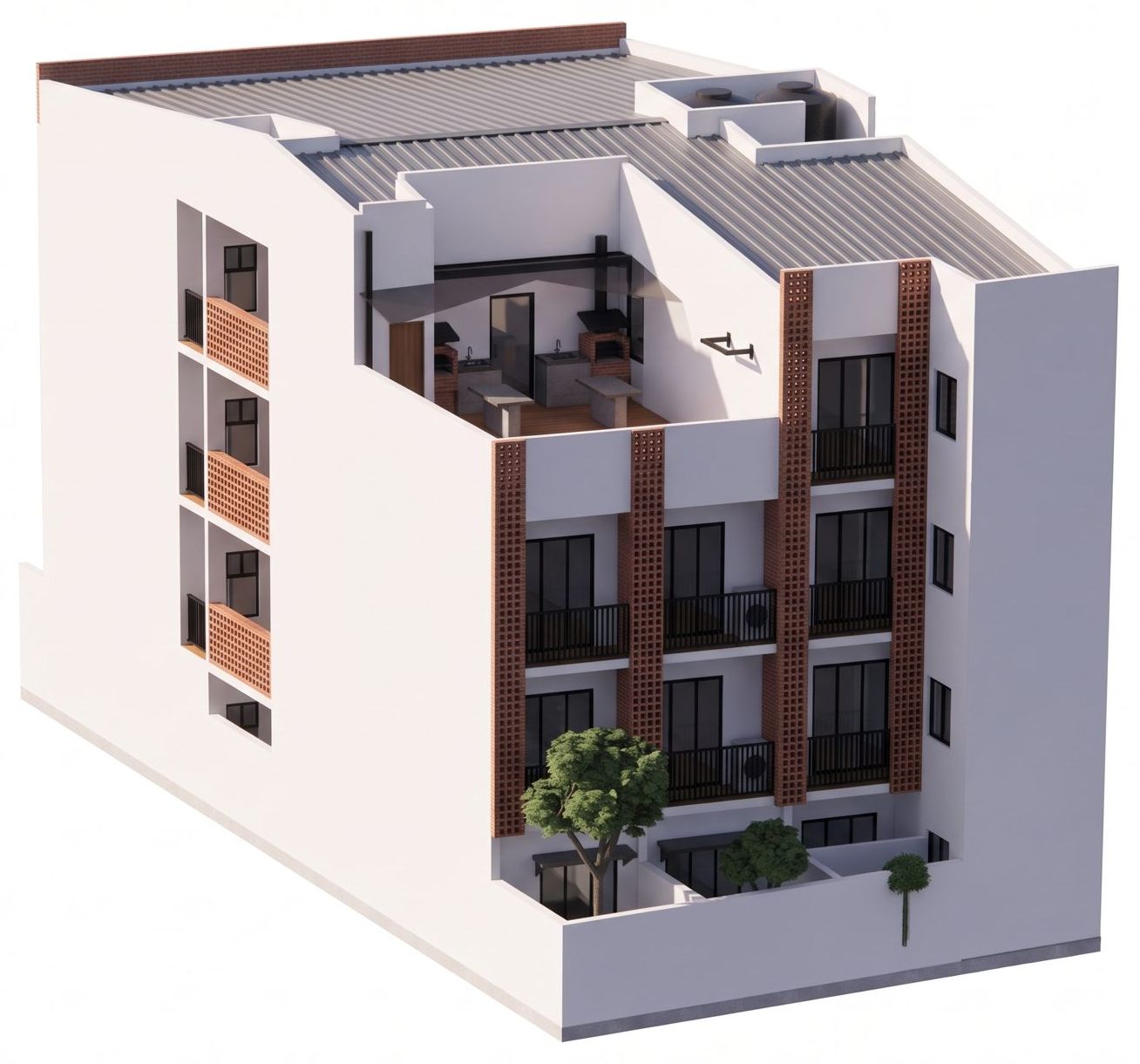 Vista aérea del contrafrente de Lumen Studios con balcones, patios de planta baja y la terraza común en el último nivel