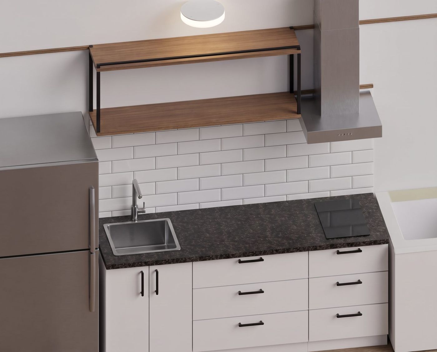 Cocina de una unidad con anafe, extractor, bacha y muebles