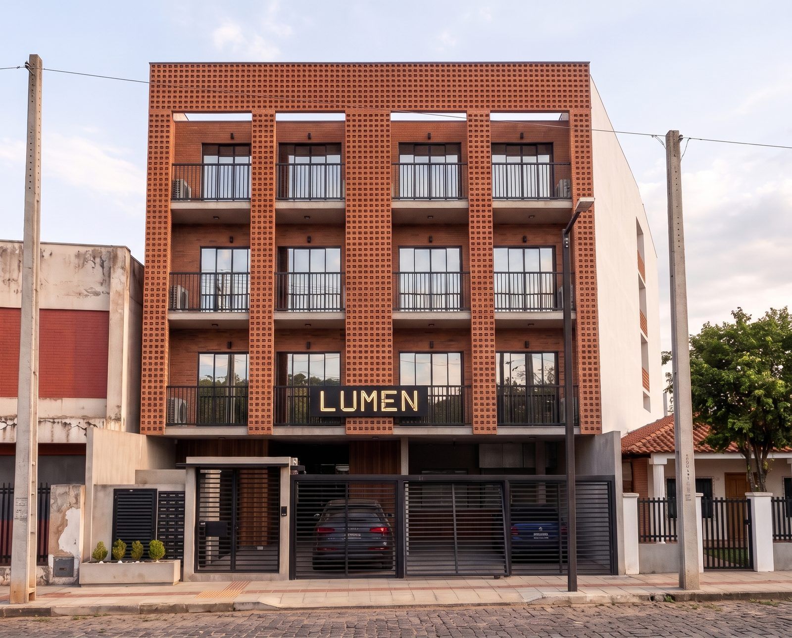 Render de la fachada de Lumen Studios al atardecer: ladrillo calado, balcones y cartel LUMEN iluminado