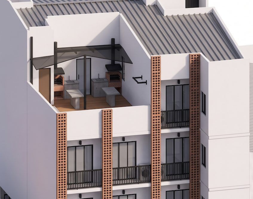 Terraza común con dos parrillas, mesas de hormigón, deck y mediasombra